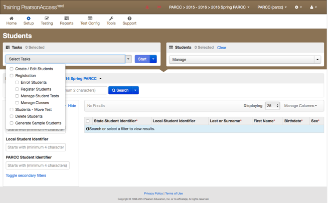 Old Pearson Access Next with Task Menu shown